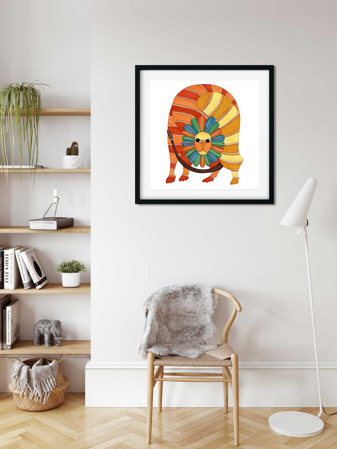 Gond Art lion Illustration Painting 1 : 1 Square Premium Wall Art Canvas by MeriDeewar