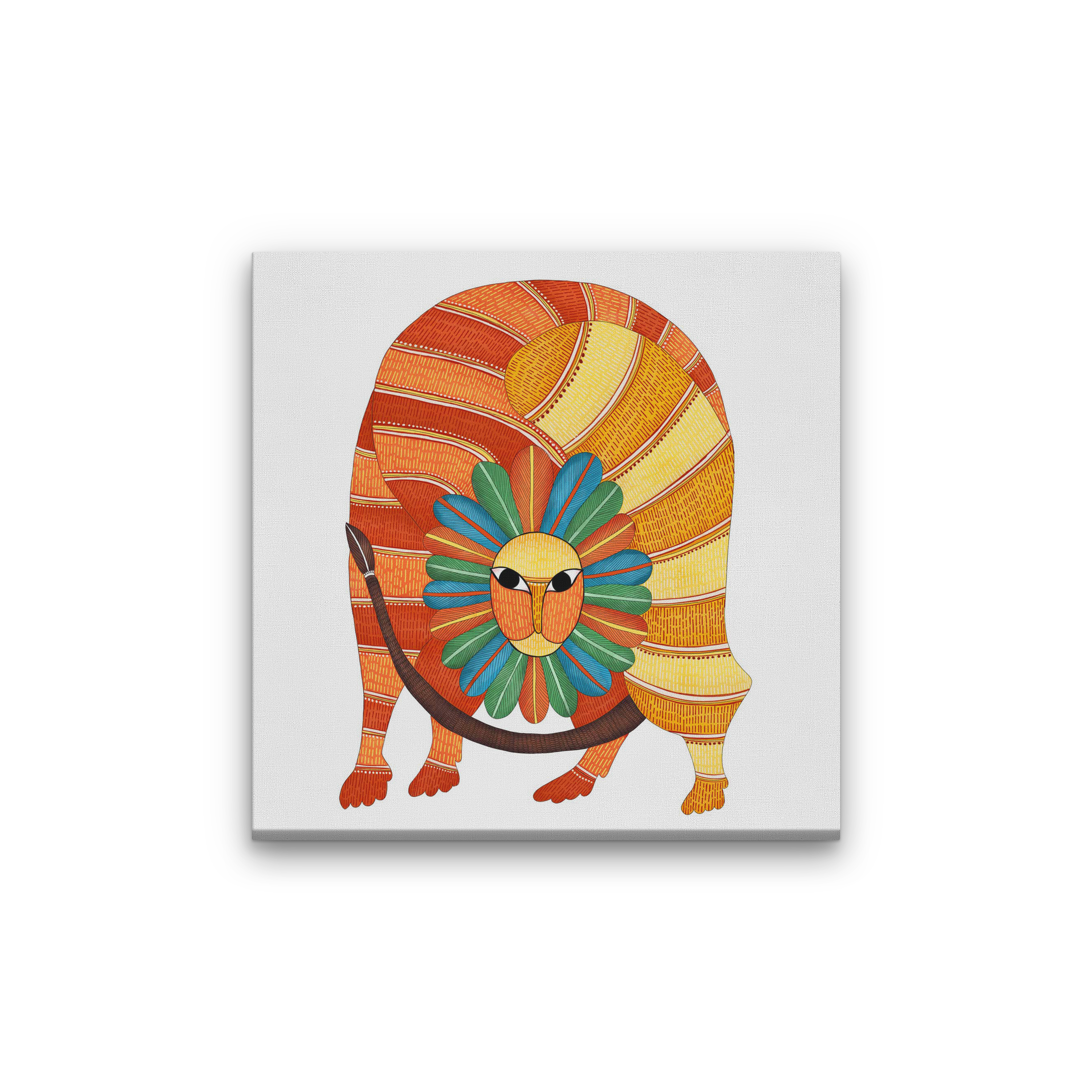 Gond Art lion Illustration Painting 1 : 1 Square Premium Wall Art Canvas by MeriDeewar