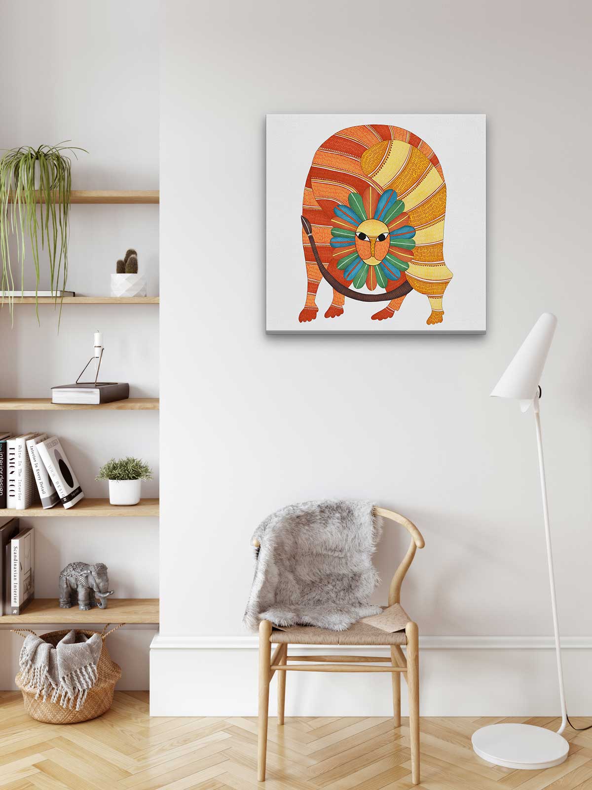 Gond Art lion Illustration Painting 1 : 1 Square Premium Wall Art Canvas by MeriDeewar
