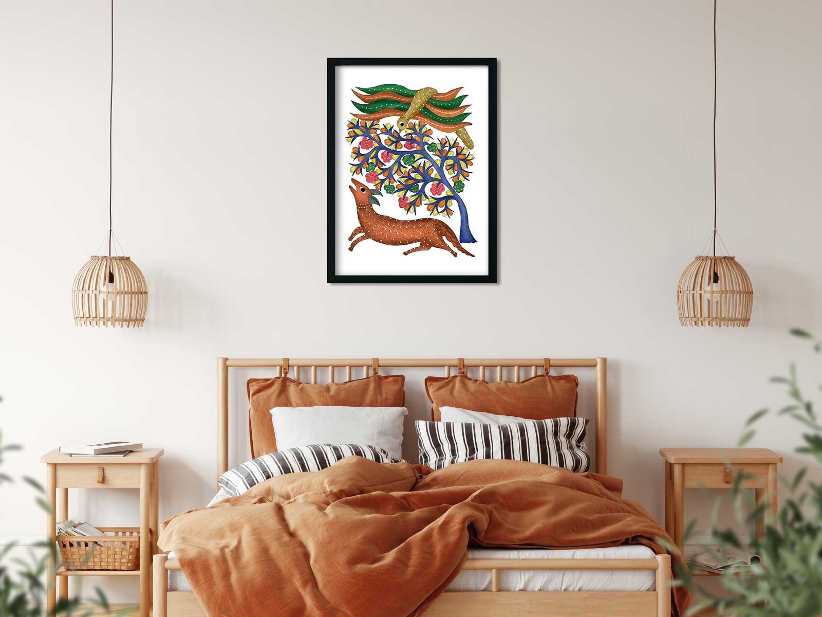 Gond Art Peacock Tree and Deer 3 : 4 Vertical Premium Wall Art Canvas by MeriDeewar