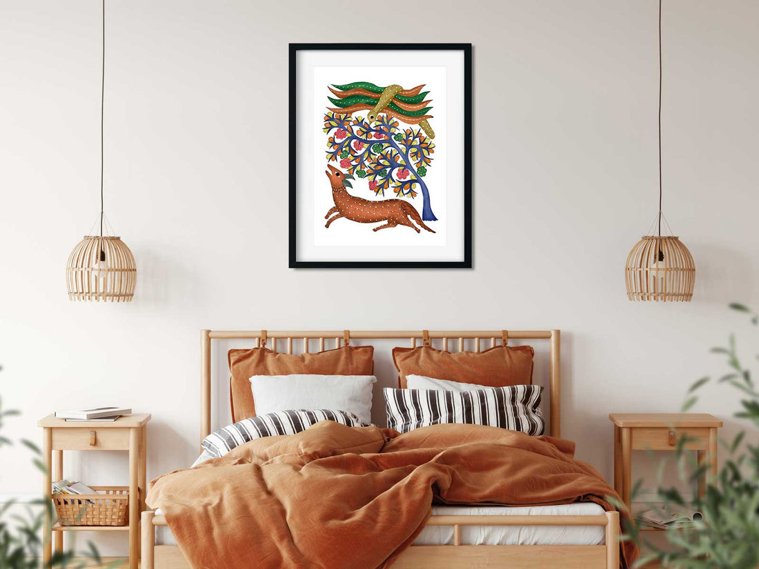 Gond Art Peacock Tree and Deer 3 : 4 Vertical Premium Wall Art Canvas by MeriDeewar