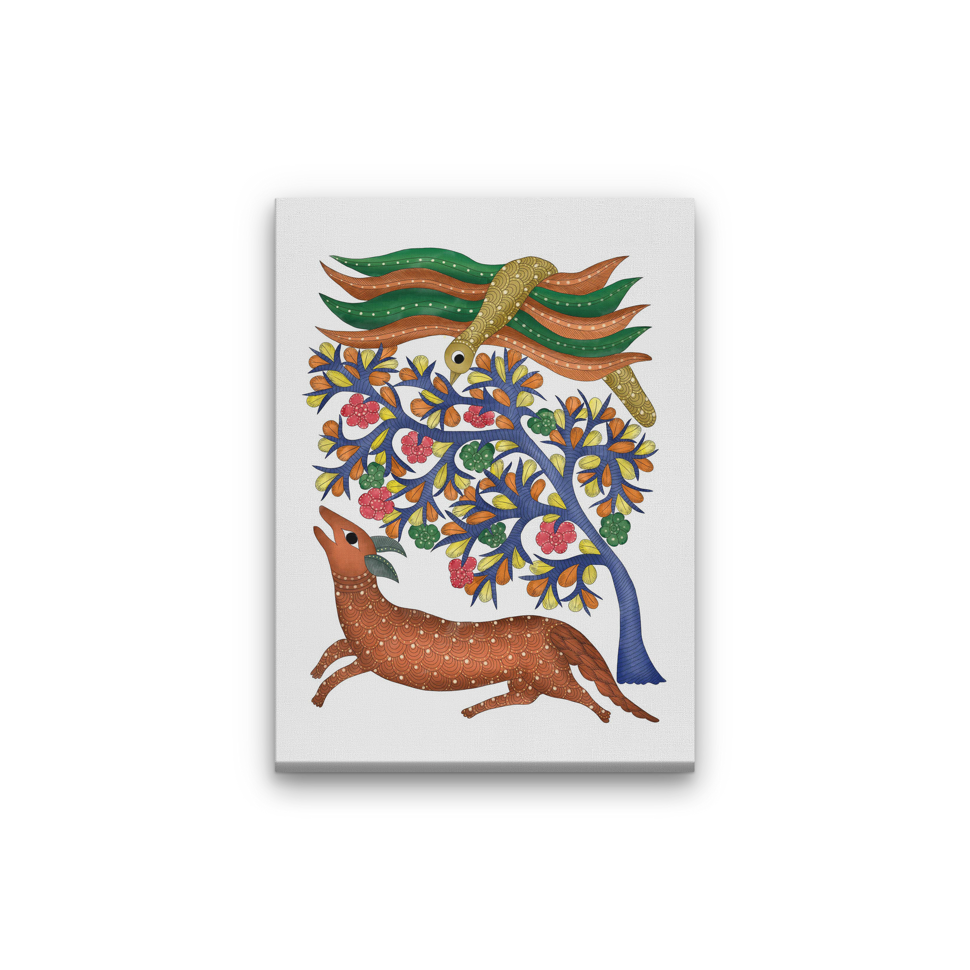 Gond Art Peacock Tree and Deer 3 : 4 Vertical Premium Wall Art Canvas by MeriDeewar