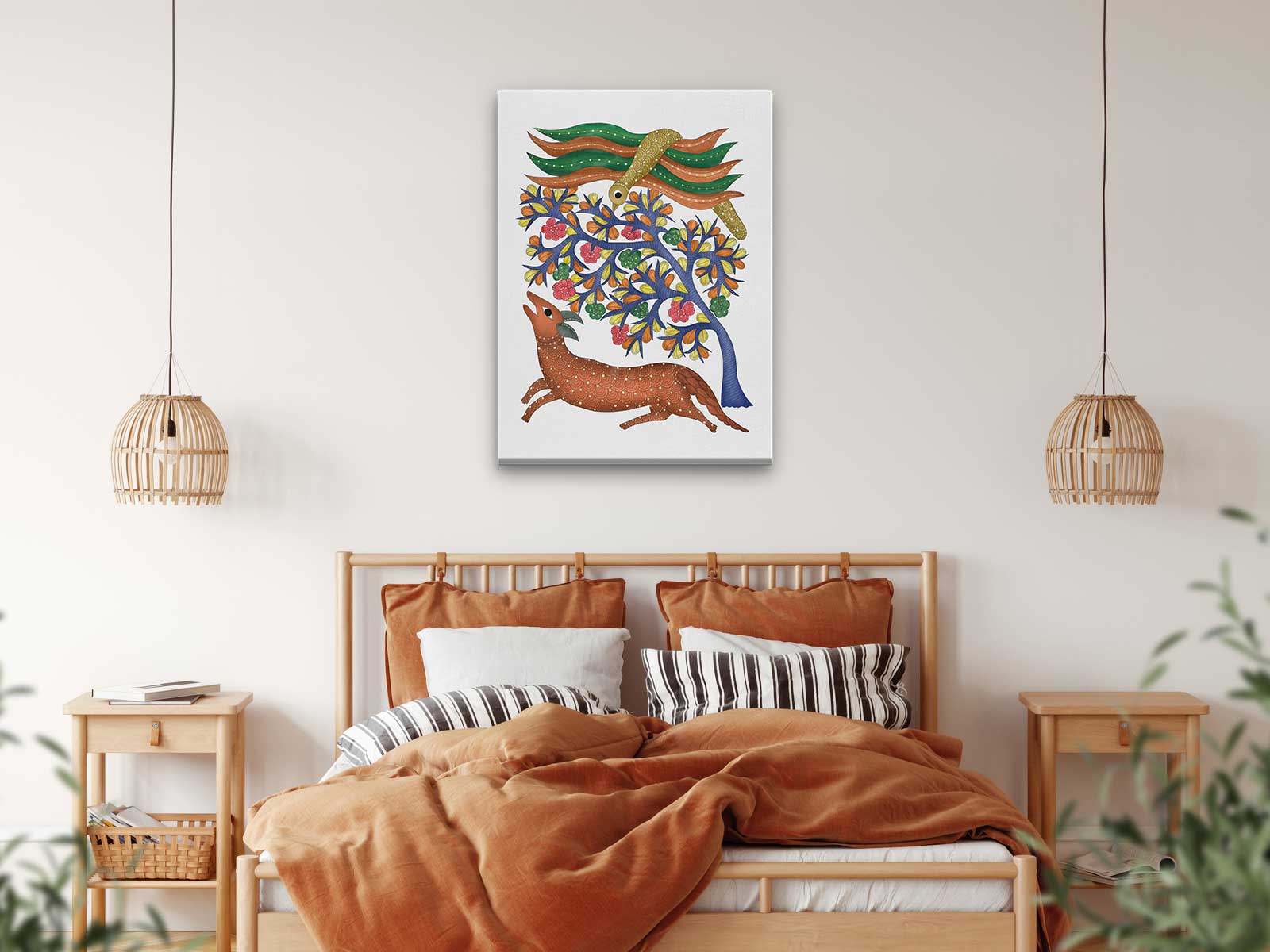 Gond Art Peacock Tree and Deer 3 : 4 Vertical Premium Wall Art Canvas by MeriDeewar