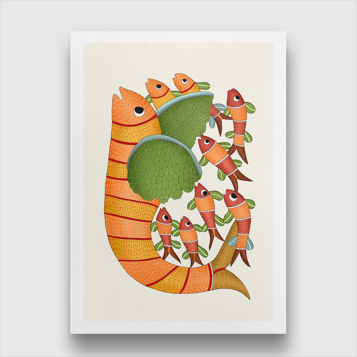 Gond Painting Fish With Five Small Fish Painting 2 : 3 Vertical Premium Wall Art Canvas by MeriDeewar