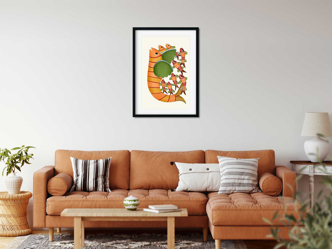 Gond Painting Fish With Five Small Fish Painting 2 : 3 Vertical Premium Wall Art Canvas by MeriDeewar