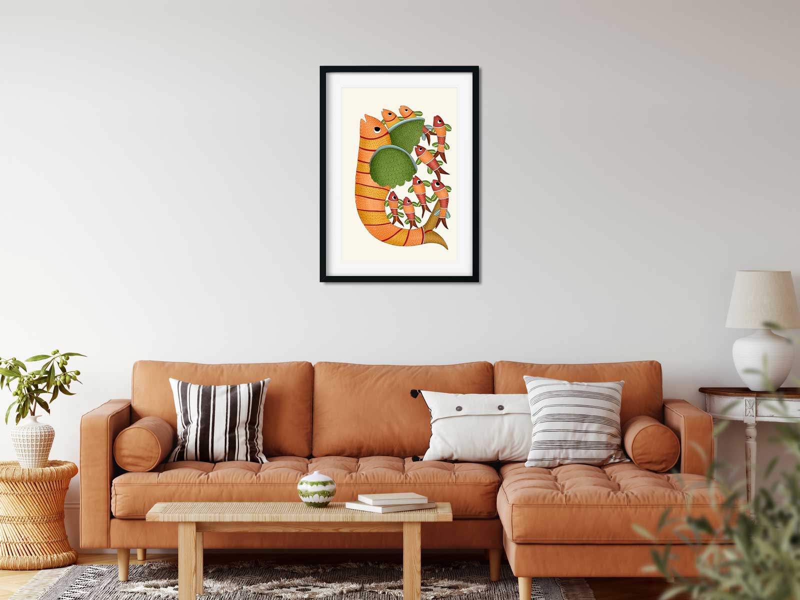 Gond Painting Fish With Five Small Fish Painting 2 : 3 Vertical Premium Wall Art Canvas by MeriDeewar