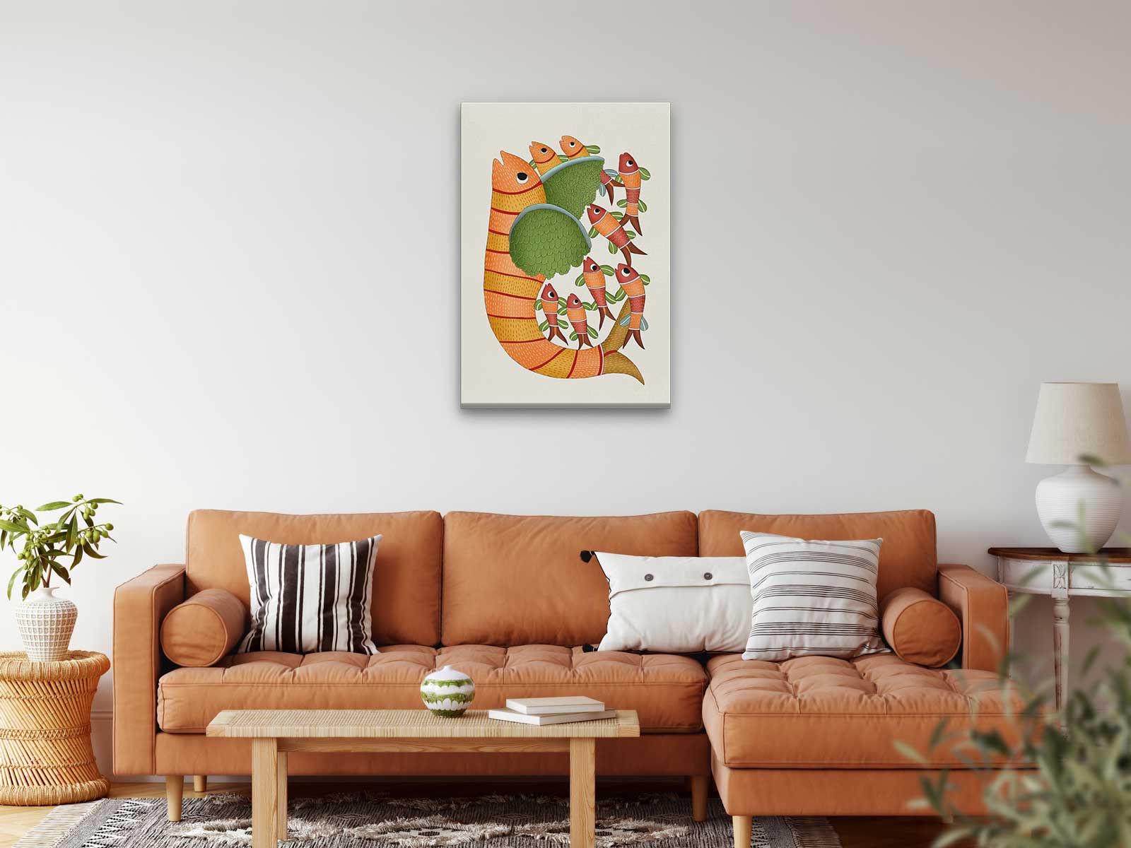 Gond Painting Fish With Five Small Fish Painting 2 : 3 Vertical Premium Wall Art Canvas by MeriDeewar
