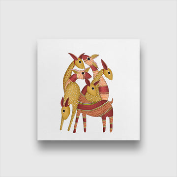 Gond Painting Herd of Deer Painting 1 : 1 Square Premium Wall Art Canvas by MeriDeewar