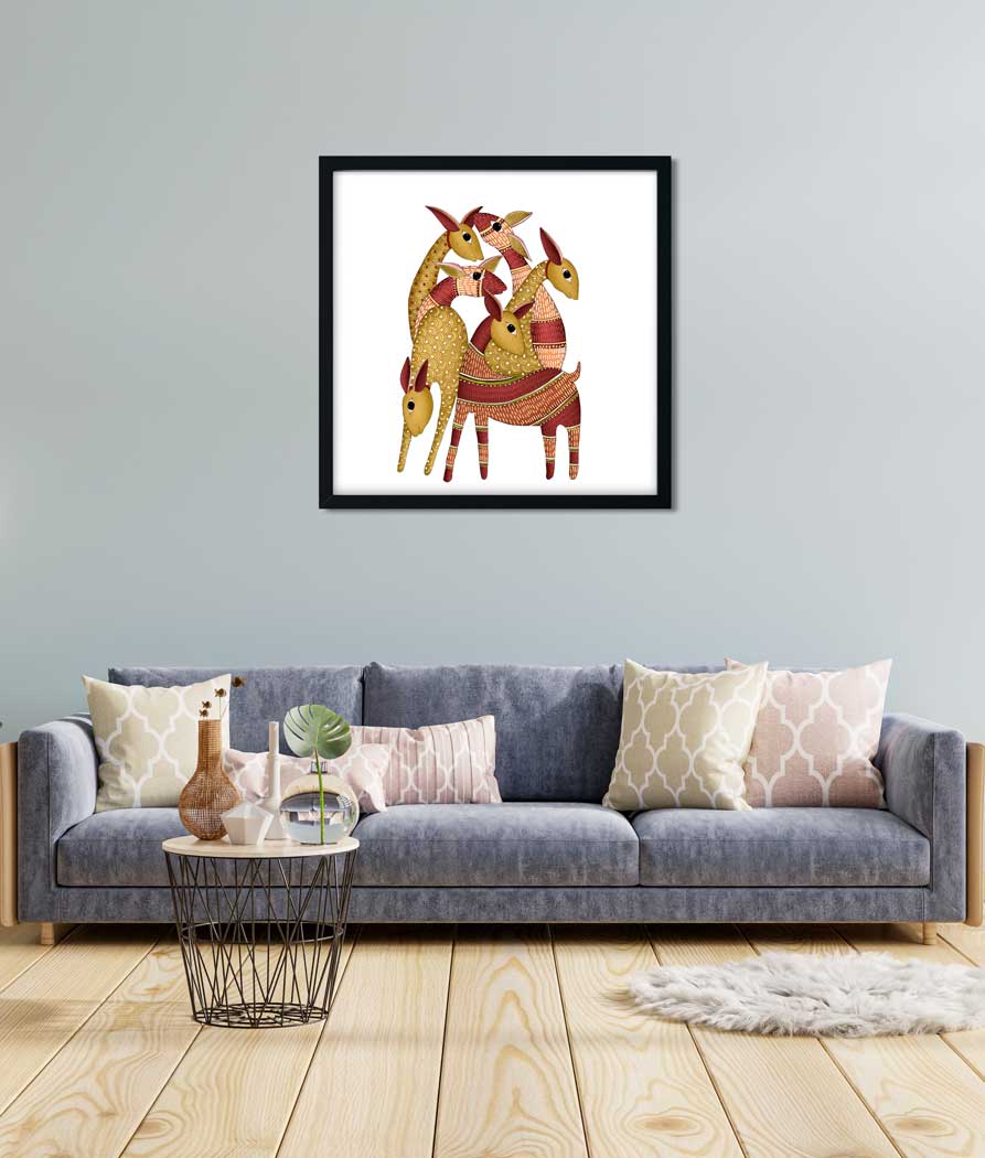 Gond Painting Herd of Deer Painting 1 : 1 Square Premium Wall Art Canvas by MeriDeewar