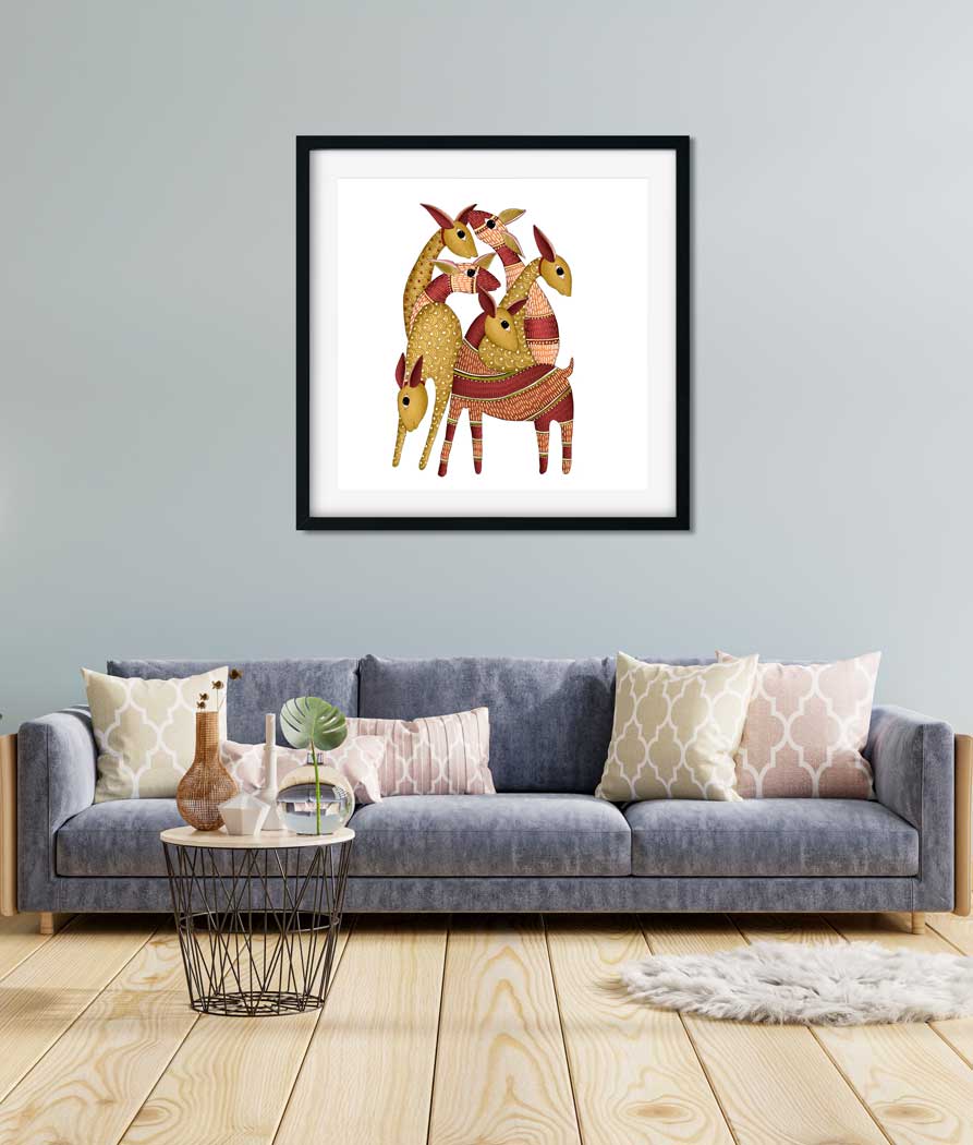 Gond Painting Herd of Deer Painting 1 : 1 Square Premium Wall Art Canvas by MeriDeewar