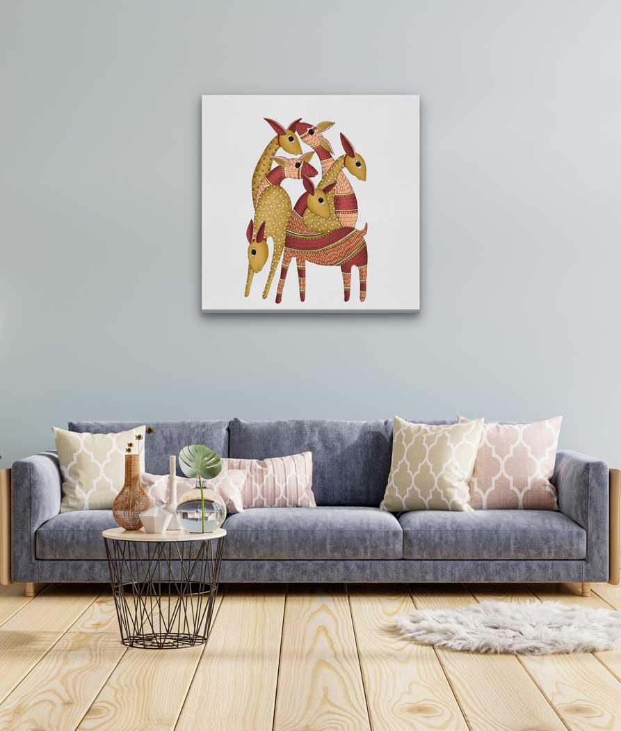 Gond Painting Herd of Deer Painting 1 : 1 Square Premium Wall Art Canvas by MeriDeewar