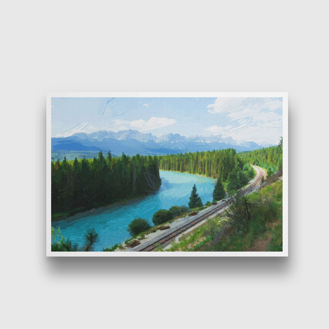 Green summer forest and blue lake painting - Meri Deewar 3 : 2 Horizontal Premium Wall Art Canvas by MeriDeewar