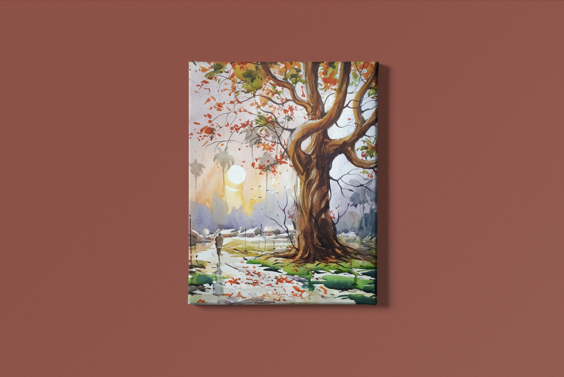 Grishma Watercolour landscape Painting - Meri Deewar 3 : 4 Vertical Premium Wall Art Canvas by MeriDeewar