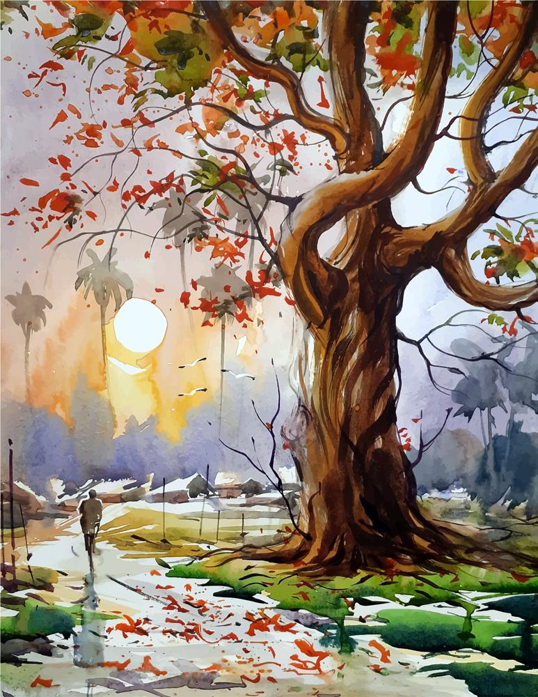 Grishma Watercolour landscape Painting - Meri Deewar 3 : 4 Vertical Premium Wall Art Canvas by MeriDeewar