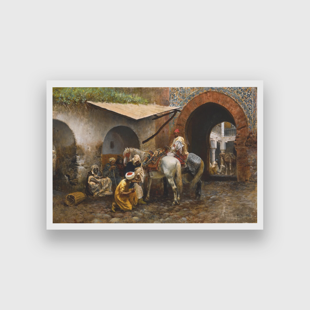 Horse Care in Oriental Market Painting 3 : 2 Horizontal Premium Wall Art Canvas by MeriDeewar
