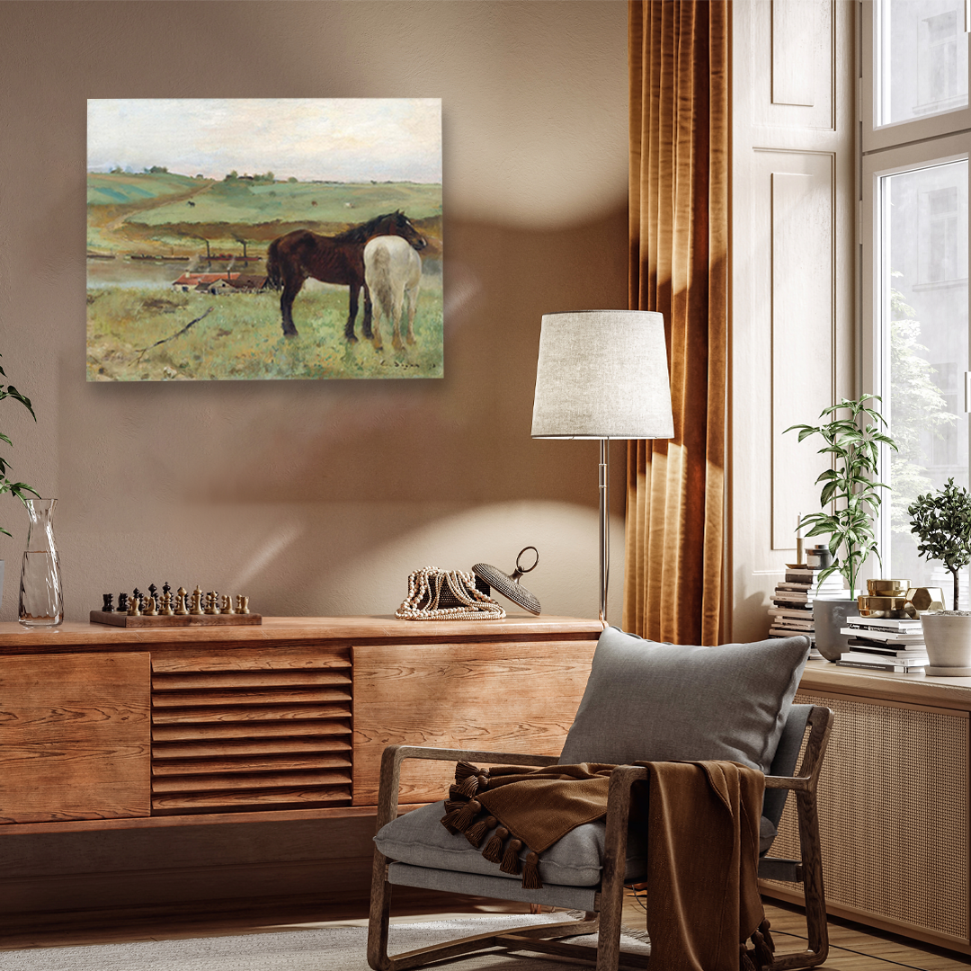 Horses in a Meadow Painting 5 : 4 Horizontal Premium Wall Art Canvas by MeriDeewar
