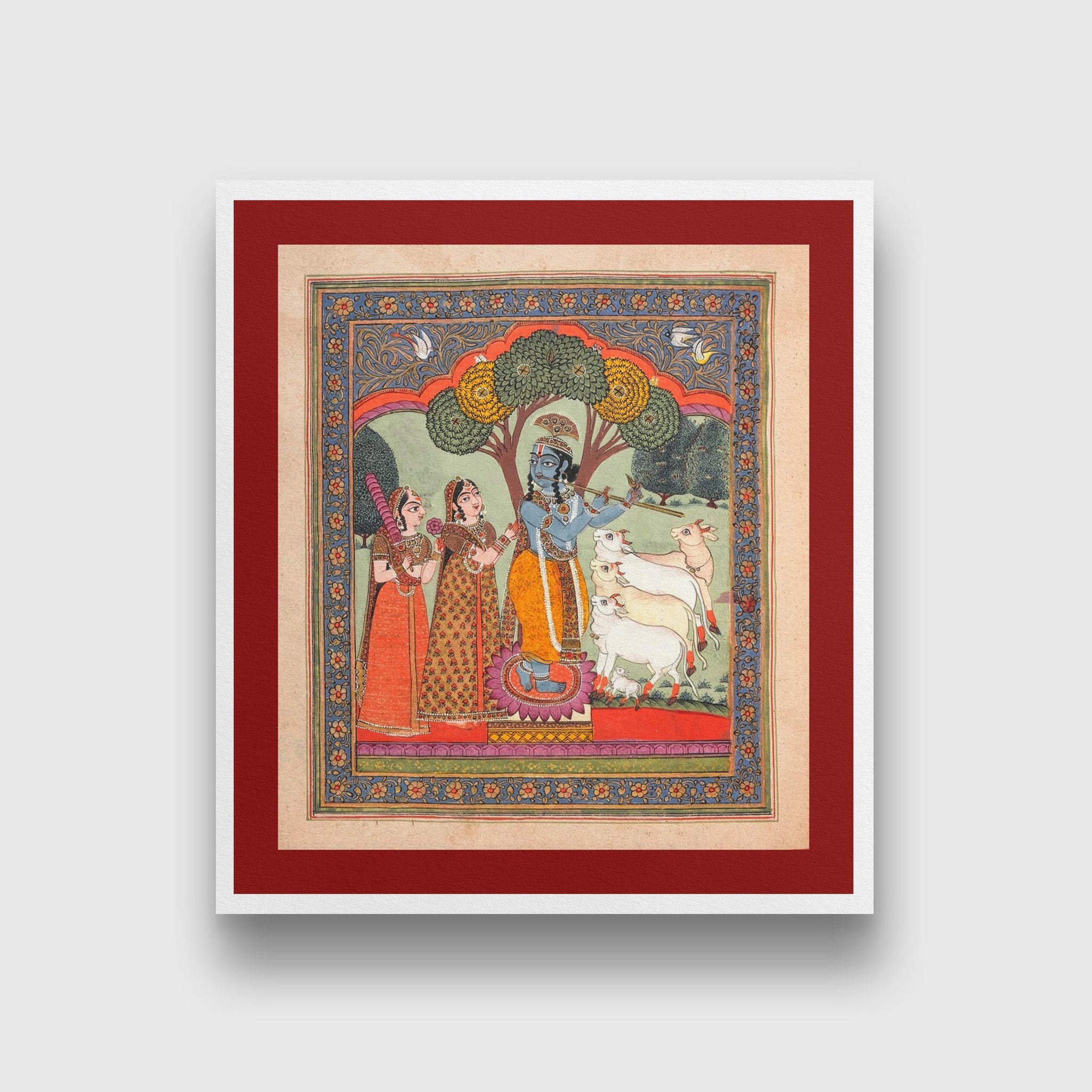 Indian Artistry Painting Shrikrishna Gopika Miniature | MeriDeewar 1 : 1 Square Premium Wall Art Canvas by MeriDeewar