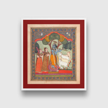 Indian Artistry Painting Shrikrishna Gopika Miniature | MeriDeewar 1 : 1 Square Premium Wall Art Canvas by MeriDeewar