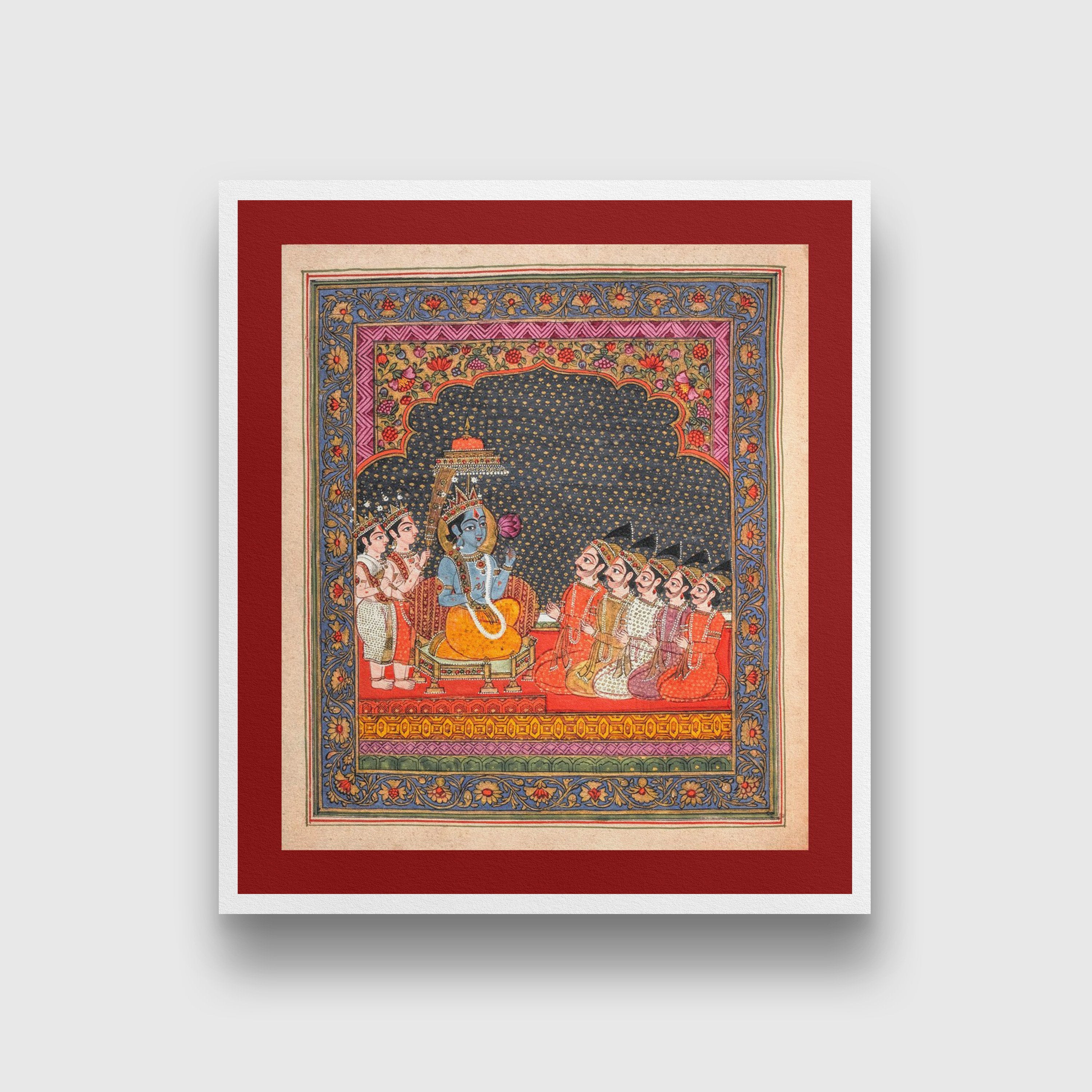 Indian Artistry Painting Vishnu Sabha Miniature - MeriDeewar 1 : 1 Square Premium Wall Art Canvas by MeriDeewar