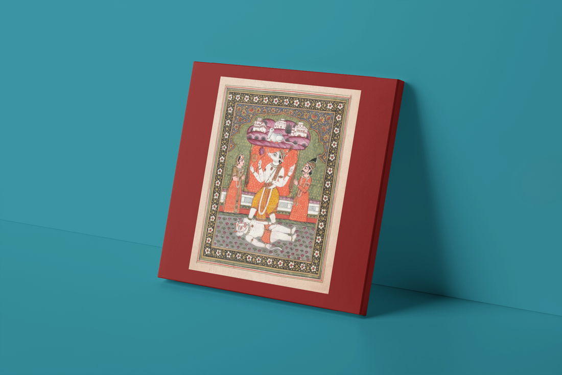 Indian Artistry Painting Vishnu Varaha Avatar Miniature  MeriDeewar 1 : 1 Square Premium Wall Art Canvas by MeriDeewar
