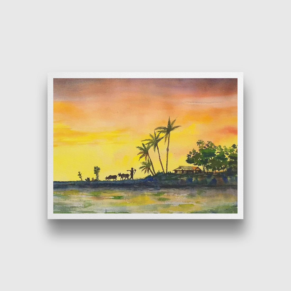 Indian Farmer Watercolour landsacpe Painting - Meri Deewar 4 : 3 Horizontal Premium Wall Art Canvas by MeriDeewar