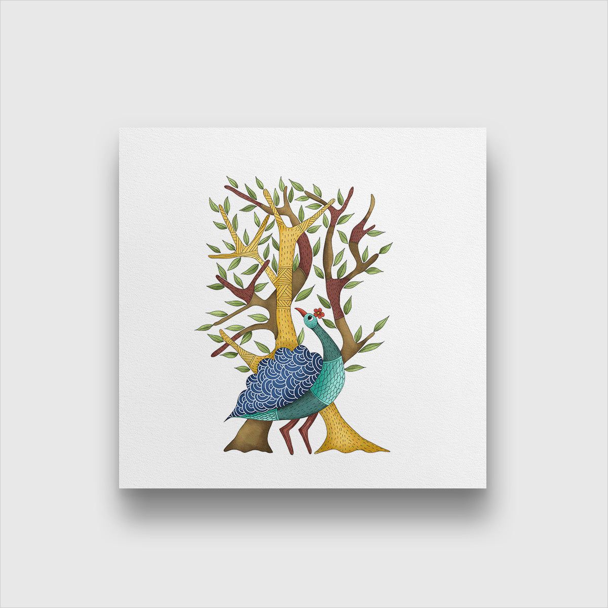 Indian tribal Gond art peacock Painting 1 : 1 Square Premium Wall Art Canvas by MeriDeewar