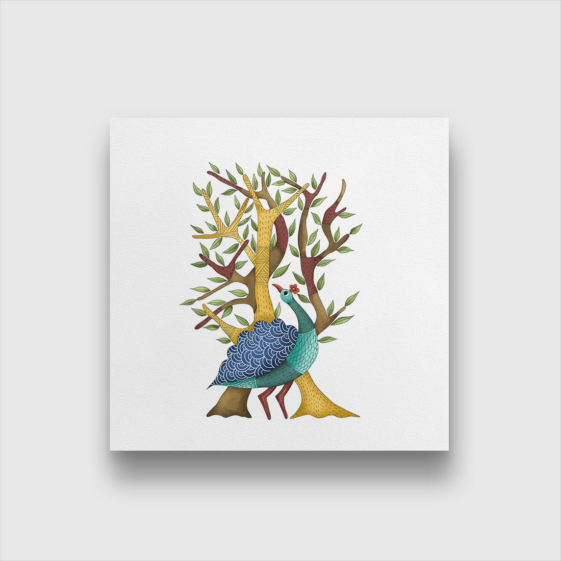 Indian tribal Gond art peacock Painting 1 : 1 Square Premium Wall Art Canvas by MeriDeewar