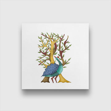 Indian tribal Gond art peacock Painting 1 : 1 Square Premium Wall Art Canvas by MeriDeewar