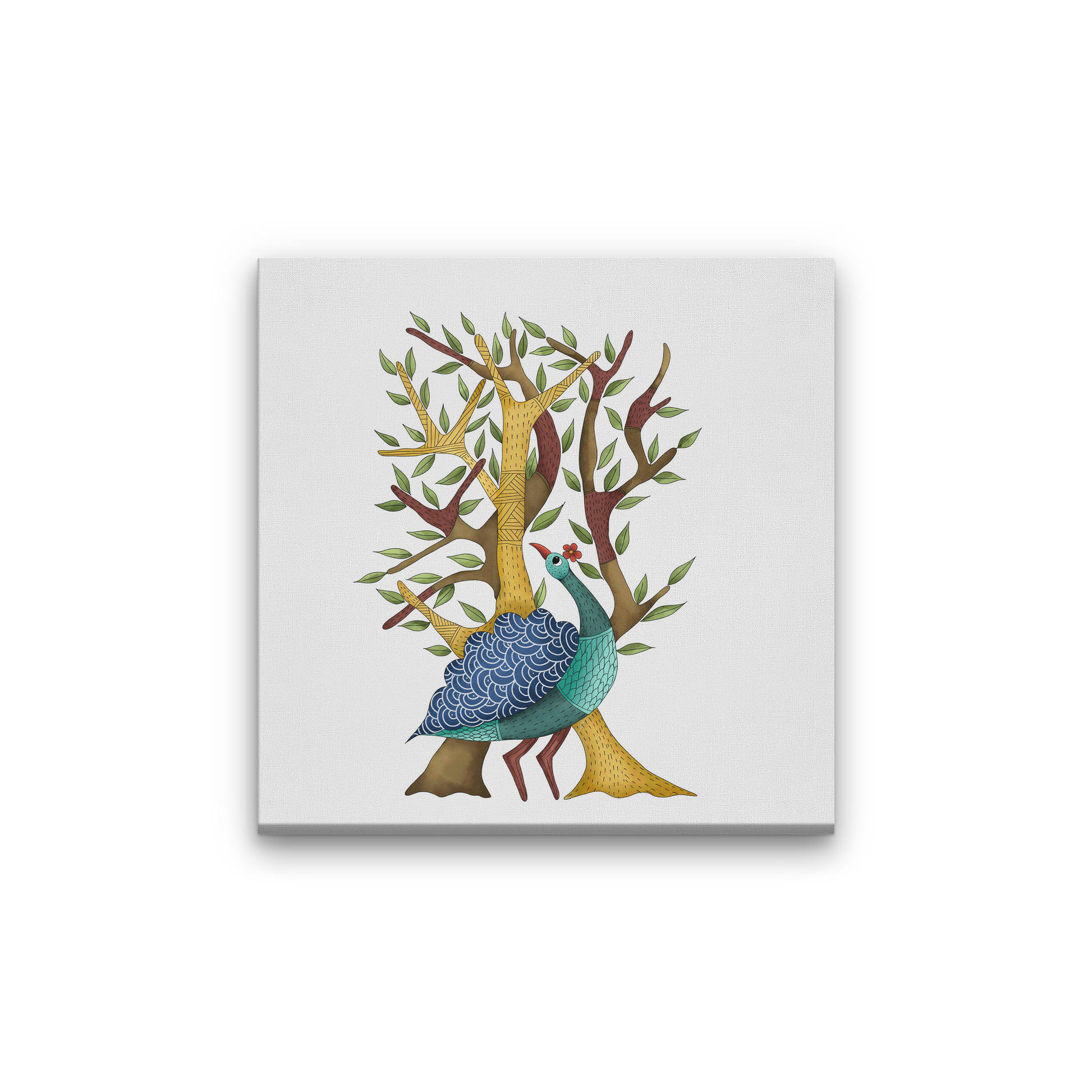 Indian tribal Gond art peacock Painting 1 : 1 Square Premium Wall Art Canvas by MeriDeewar