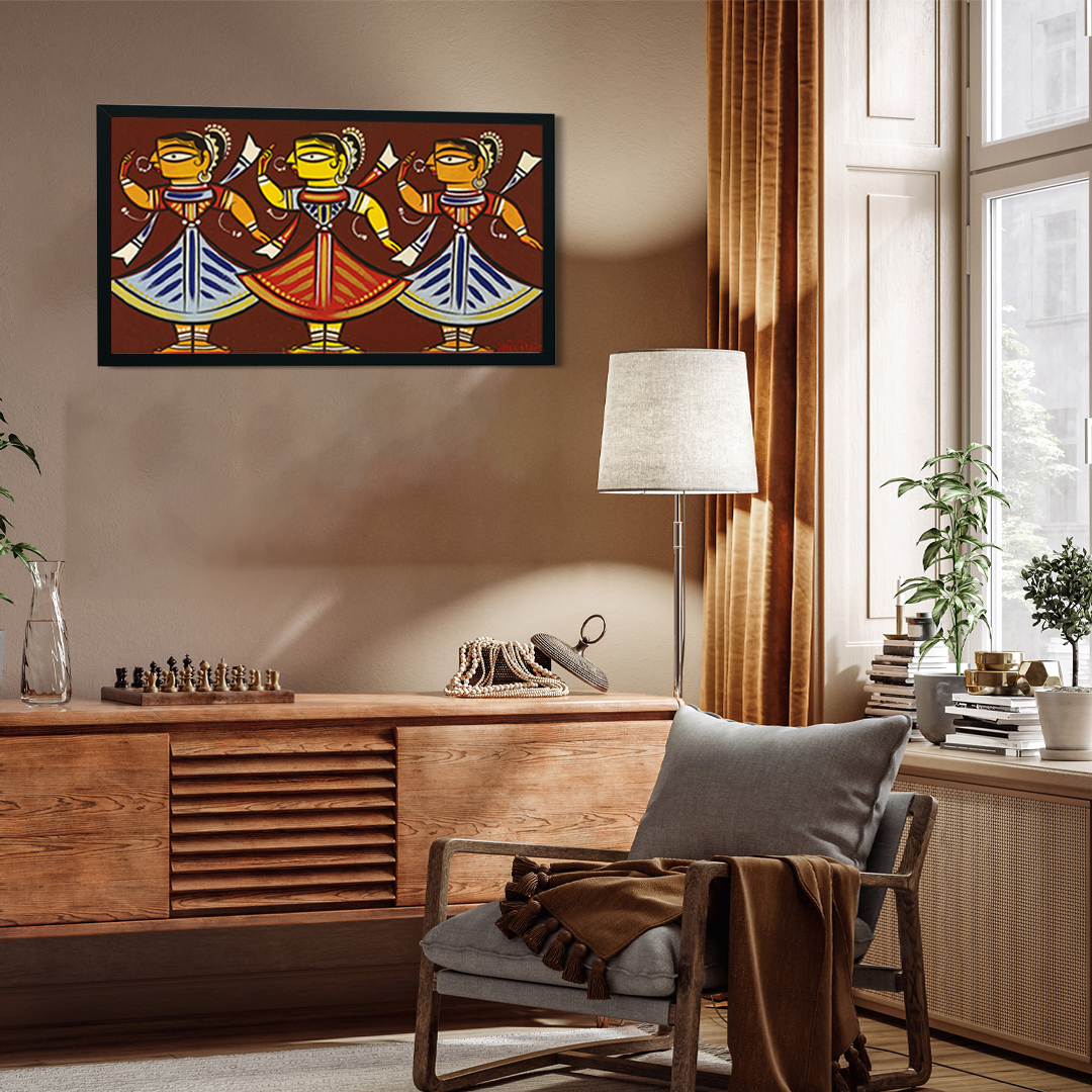 Jamini Roy three Dancers Painting 4 : 3 Horizontal Premium Wall Art Canvas by MeriDeewar