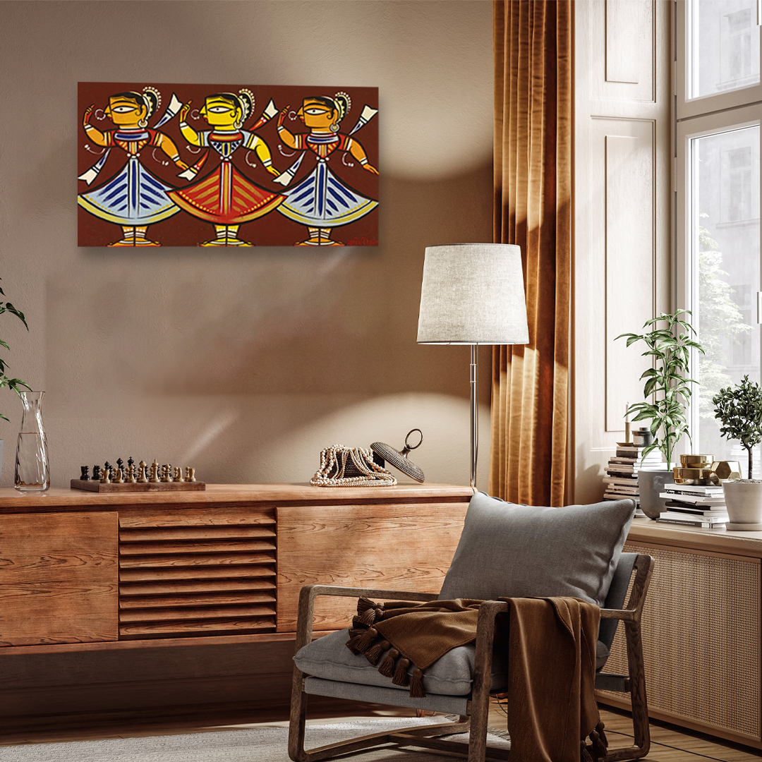 Jamini Roy three Dancers Painting 4 : 3 Horizontal Premium Wall Art Canvas by MeriDeewar
