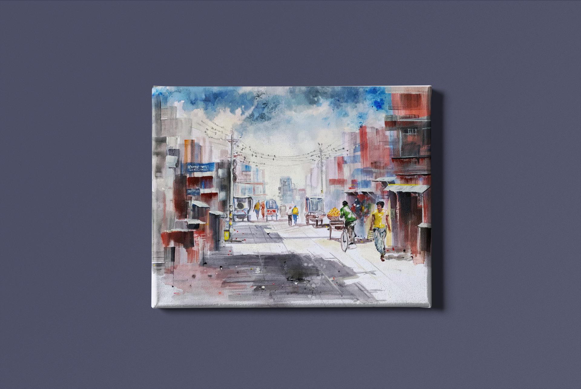 Kolkata City Watercolour Landscape Painting - Meri Deewar 5 : 4 Horizontal Premium Wall Art Canvas by MeriDeewar