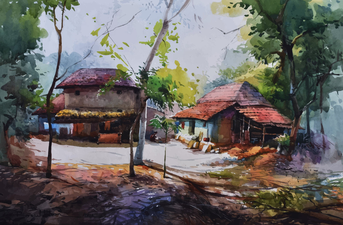 Konkan Houses Painting - Meri Deewar 3 : 2 Horizontal Premium Wall Art Canvas by MeriDeewar