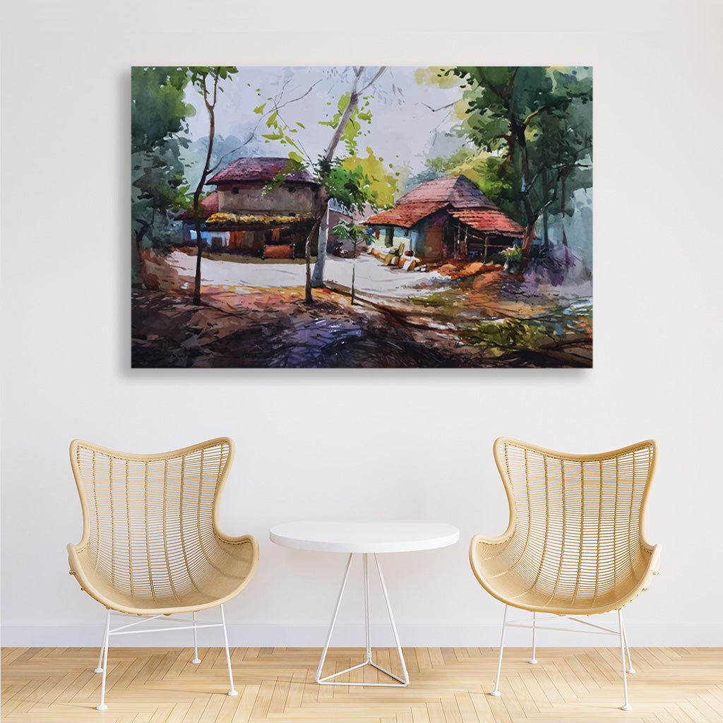 Konkan Houses Painting - Meri Deewar 3 : 2 Horizontal Premium Wall Art Canvas by MeriDeewar