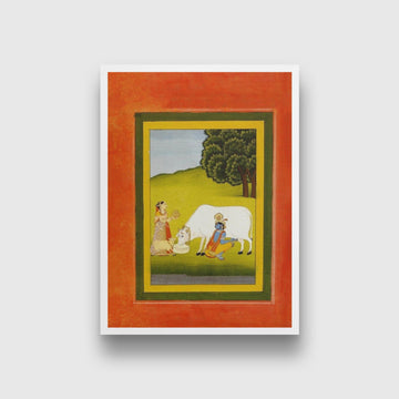 Krishna And Cow Painting - Meri Deewar 4 X 5.5 Vertical Premium Wall Art Canvas by MeriDeewar