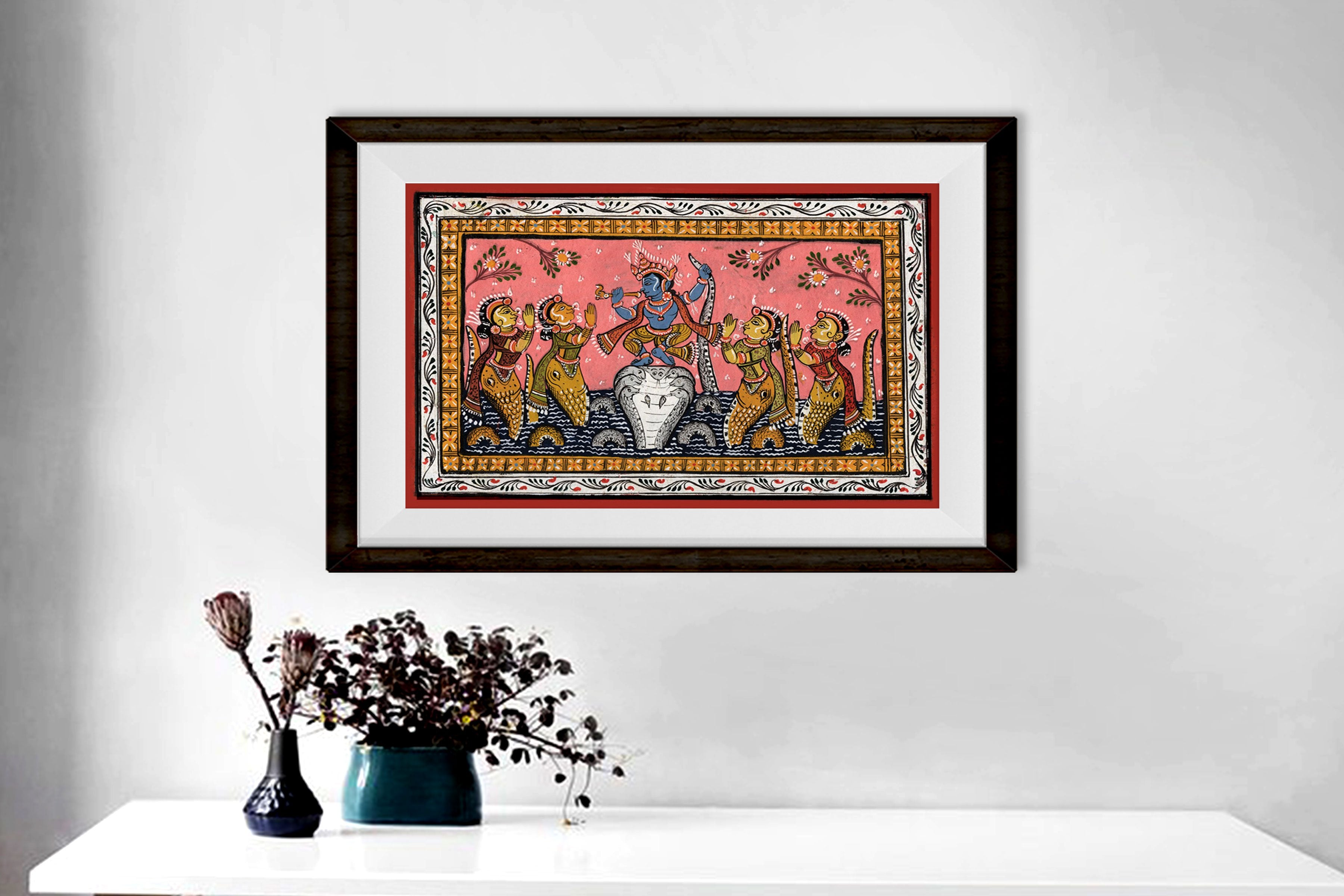 Krishna Dancing on Snake Kaliya Painting - Meri Deewar 3 : 2 Horizontal Premium Wall Art Canvas by MeriDeewar