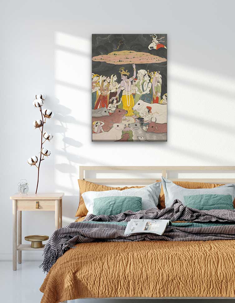 Krishna Lifting Mount Govardhan Painting 3 : 4.2 Vertical Premium Wall Art Canvas by MeriDeewar