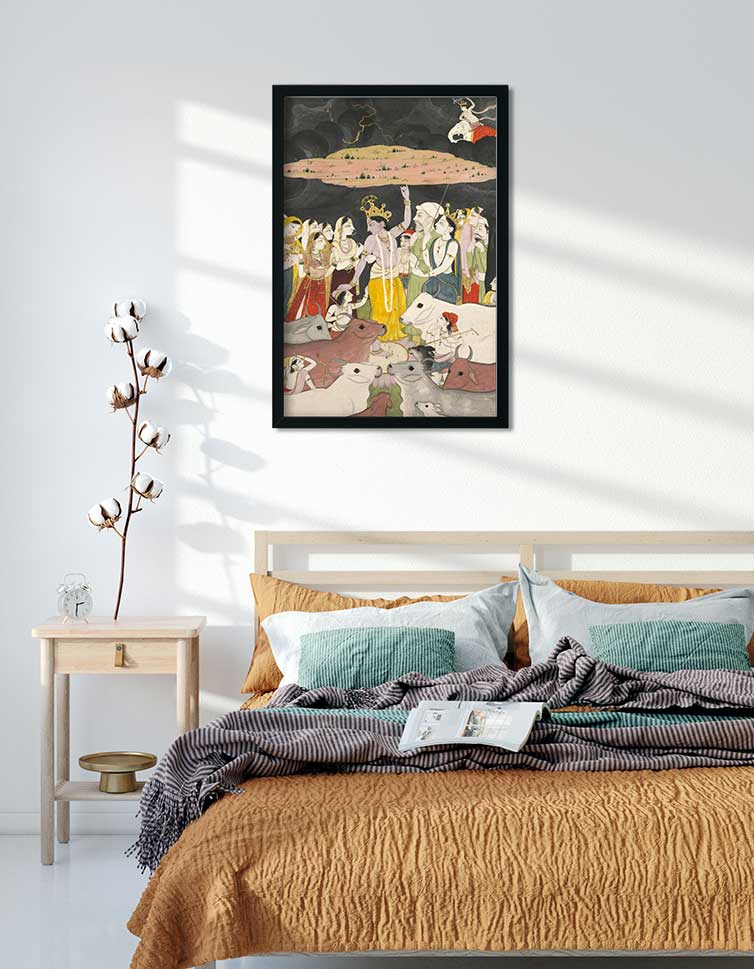Krishna Lifting Mount Govardhan Painting 3 : 4.2 Vertical Premium Wall Art Canvas by MeriDeewar