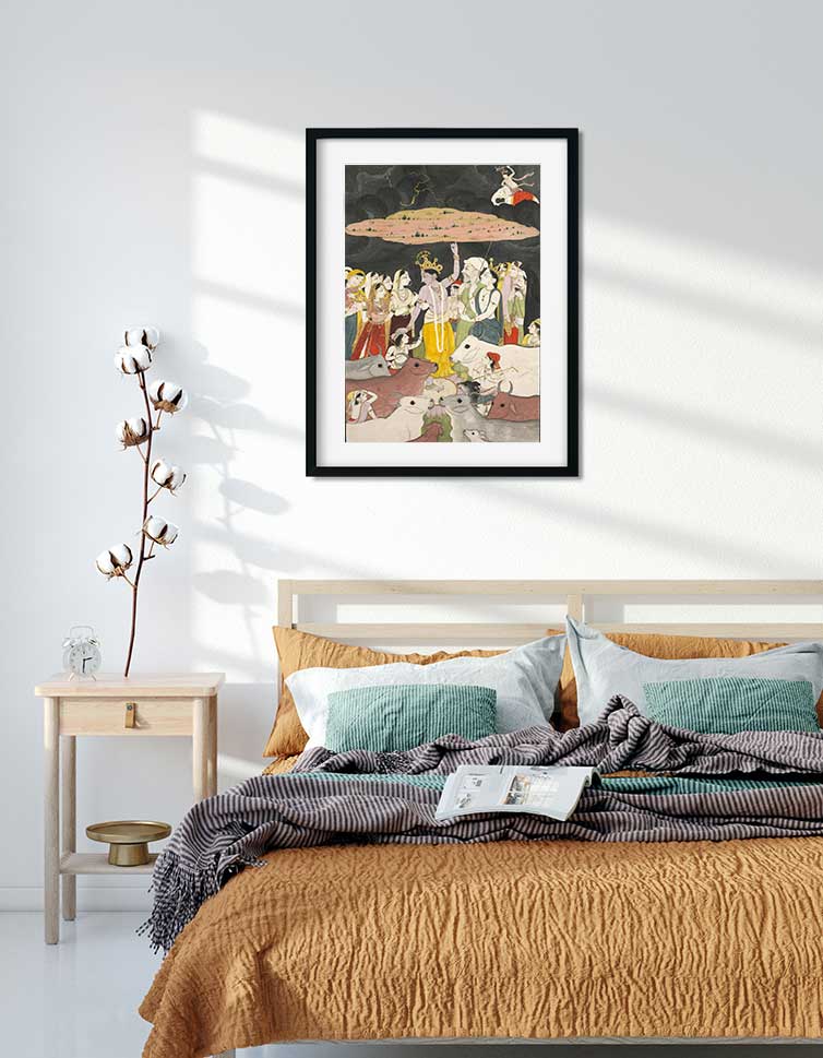 Krishna Lifting Mount Govardhan Painting 3 : 4.2 Vertical Premium Wall Art Canvas by MeriDeewar