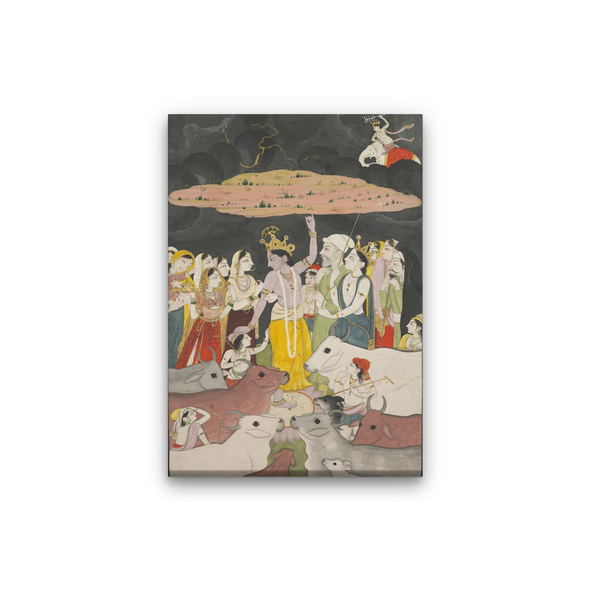 Krishna Lifting Mount Govardhan Painting 3 : 4.2 Vertical Premium Wall Art Canvas by MeriDeewar