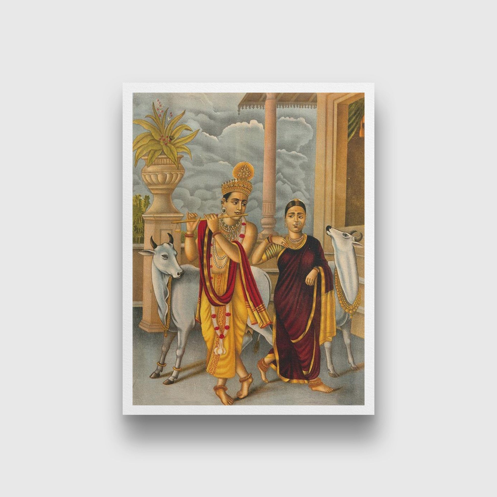 Krishna playing the flute to a dancing Radha, two holy cows Painting - Meri Deewar 3 : 4 Vertical Premium Wall Art Canvas by MeriDeewar
