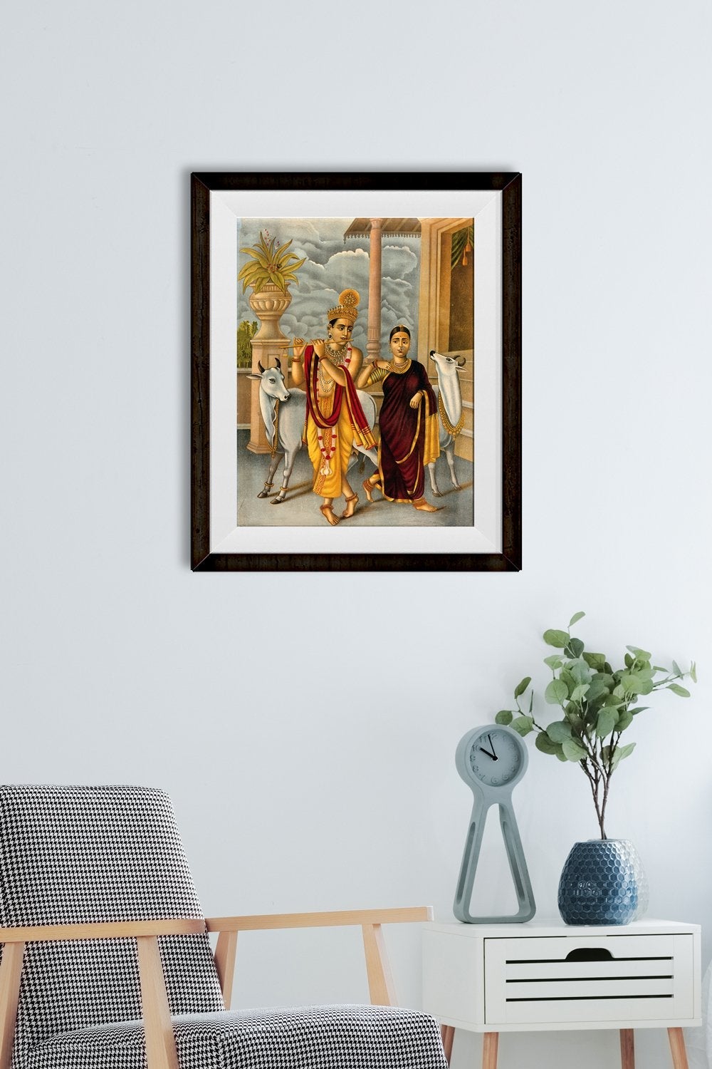 Krishna playing the flute to a dancing Radha, two holy cows Painting - Meri Deewar 3 : 4 Vertical Premium Wall Art Canvas by MeriDeewar