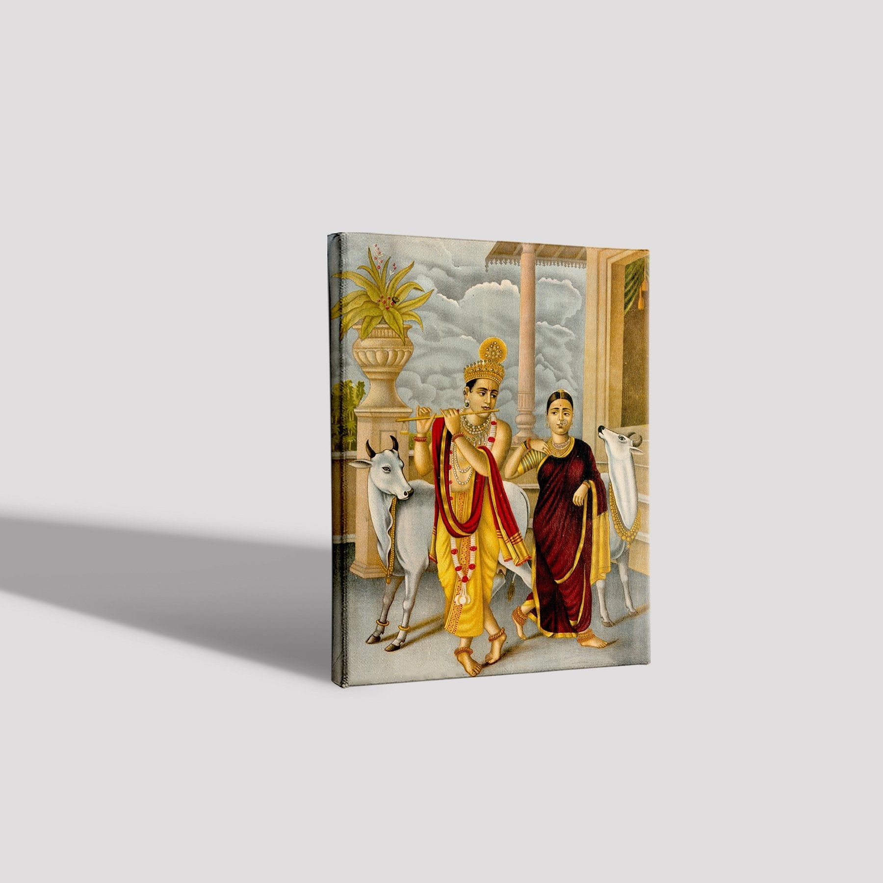 Krishna playing the flute to a dancing Radha, two holy cows Painting - Meri Deewar 3 : 4 Vertical Premium Wall Art Canvas by MeriDeewar