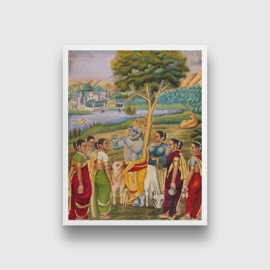 Krishna playing the flute to cowgirls Painting - Meri Deewar 4 :5 Vertical Premium Wall Art Canvas by MeriDeewar