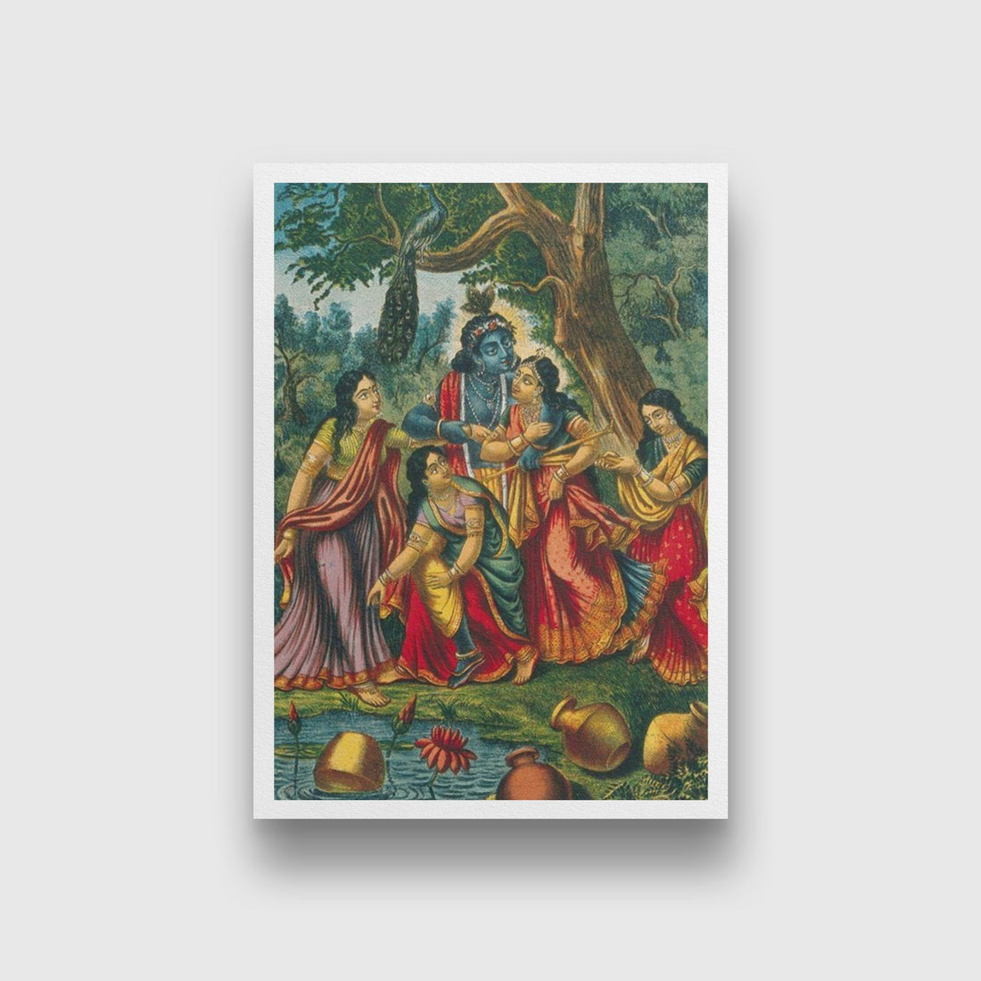 Krishna playing with four cowgirls at a well Painting - Meri Deewar 3 : 4.2 Vertical Premium Wall Art Canvas by MeriDeewar