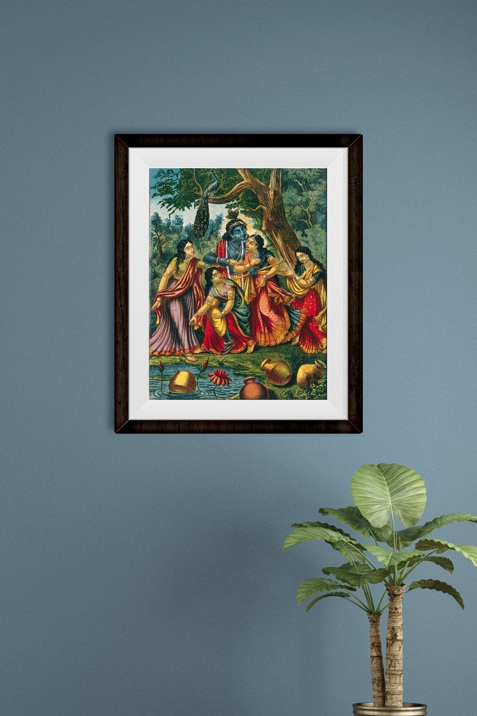 Krishna playing with four cowgirls at a well Painting - Meri Deewar 3 : 4.2 Vertical Premium Wall Art Canvas by MeriDeewar