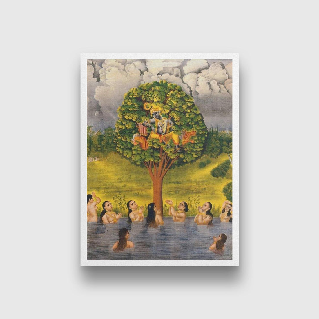 Krishna seated in a tree above a river with the gopis Painting - Meri Deewar 3 : 4 Vertical Premium Wall Art Canvas by MeriDeewar