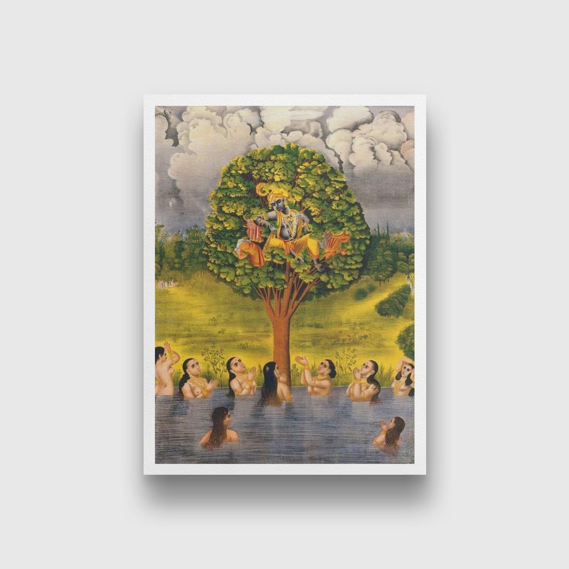 Krishna seated in a tree above a river with the gopis Painting - Meri Deewar 3 : 4 Vertical Premium Wall Art Canvas by MeriDeewar