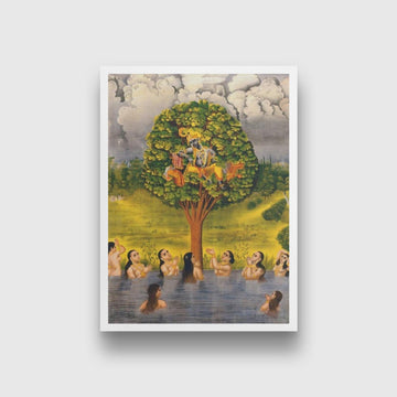Krishna seated in a tree above a river with the gopis Painting - Meri Deewar 3 : 4 Vertical Premium Wall Art Canvas by MeriDeewar