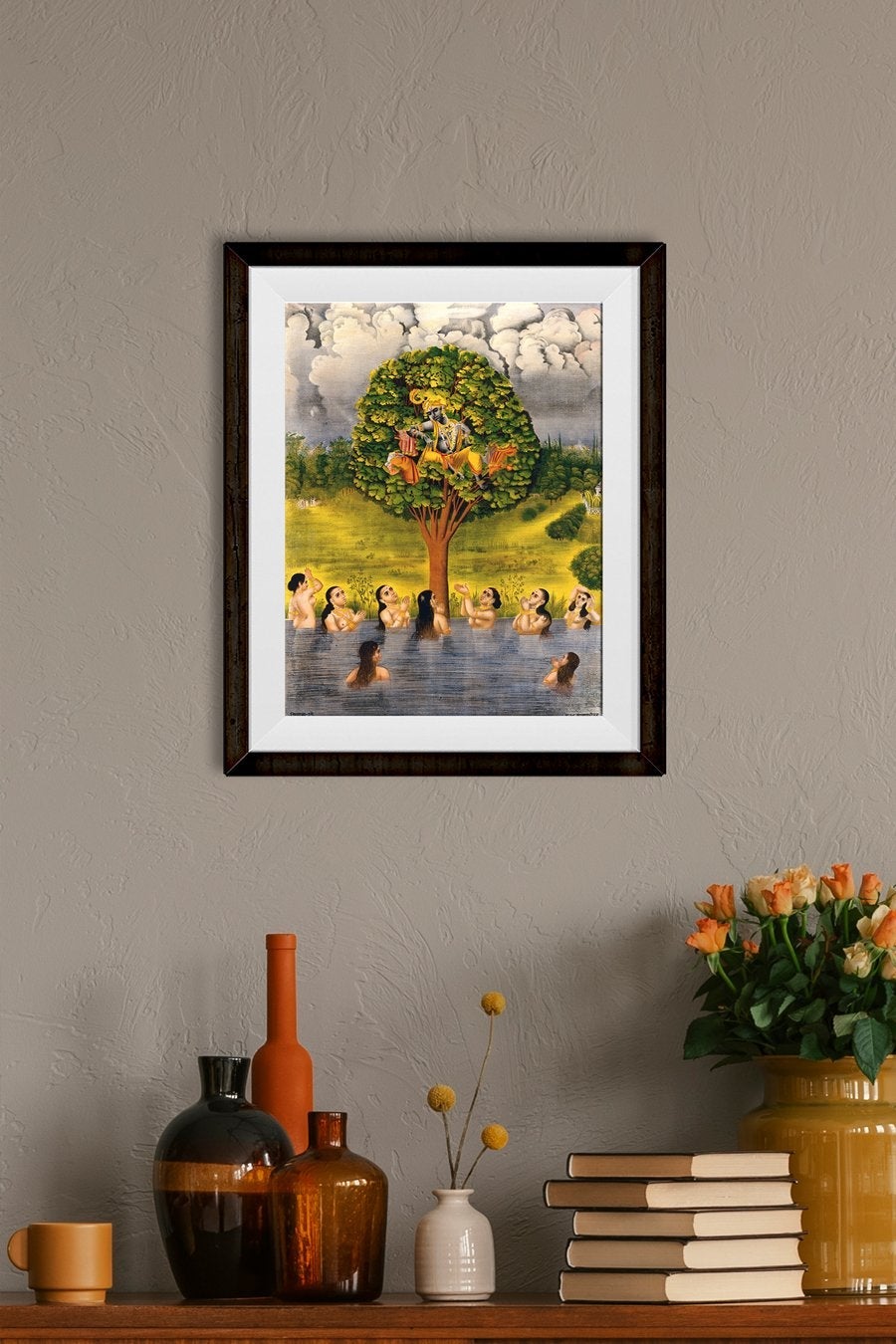 Krishna seated in a tree above a river with the gopis Painting - Meri Deewar 3 : 4 Vertical Premium Wall Art Canvas by MeriDeewar
